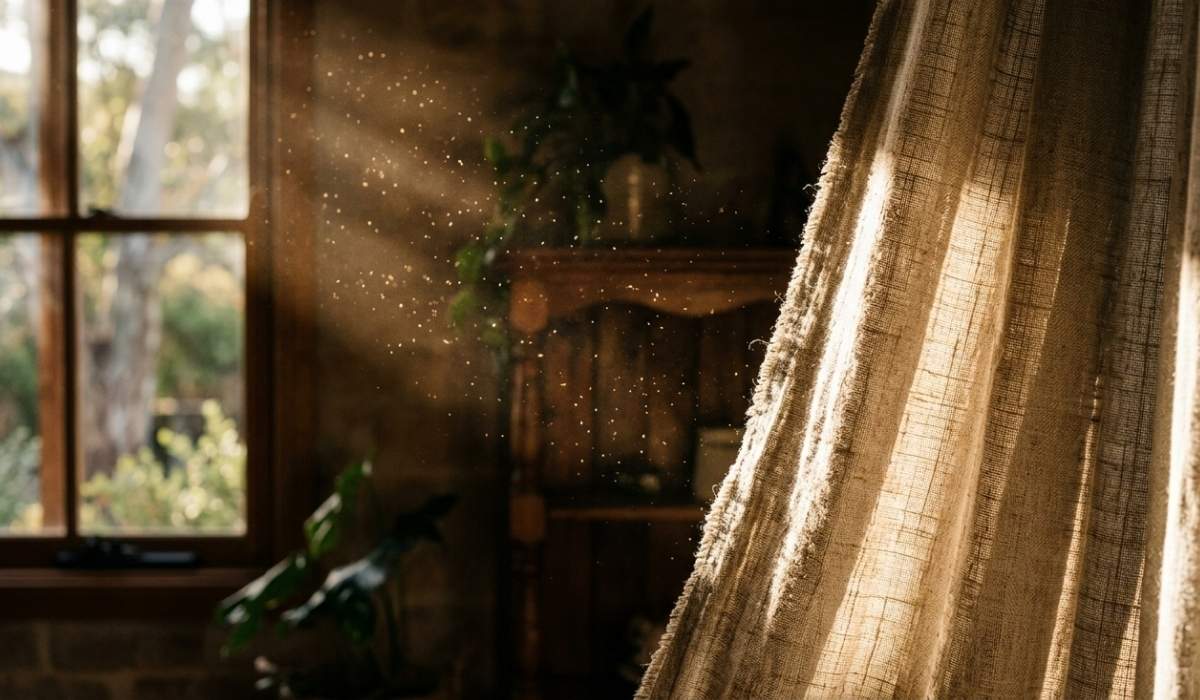 A dramatic close-up of a thick, beige linen curtain in a rustic Australian home. A sharp beam of sunlight streams through a wooden window frame, illuminating thousands of tiny dust motes floating in the air next to the fabric.