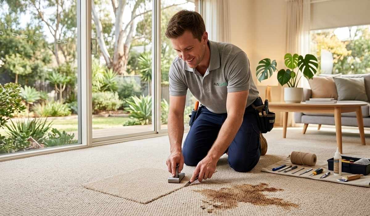 A close-up, low-angle shot of a professional carpet technician kneeling on a light beige textured carpet.