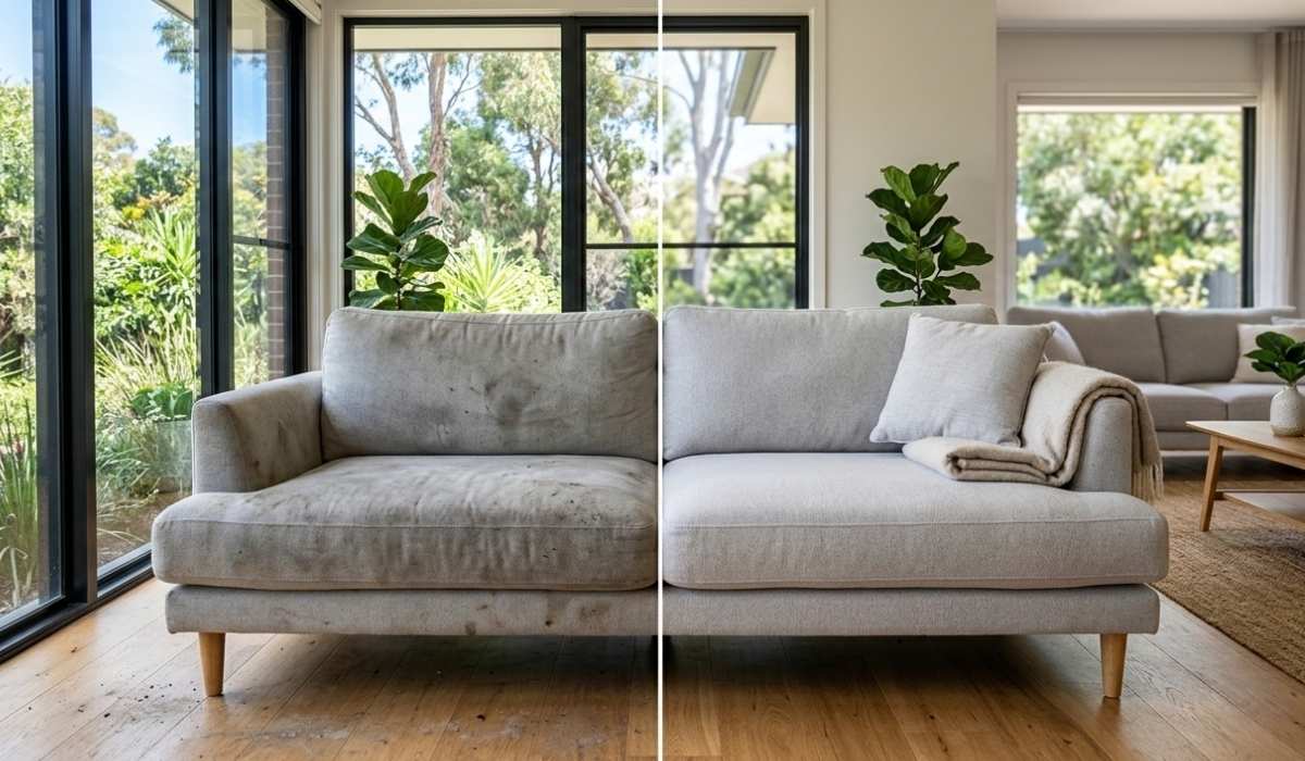 A split-screen comparison of a light grey fabric sofa; the left side is dull and stained, while the right side is freshly cleaned and vibrant.